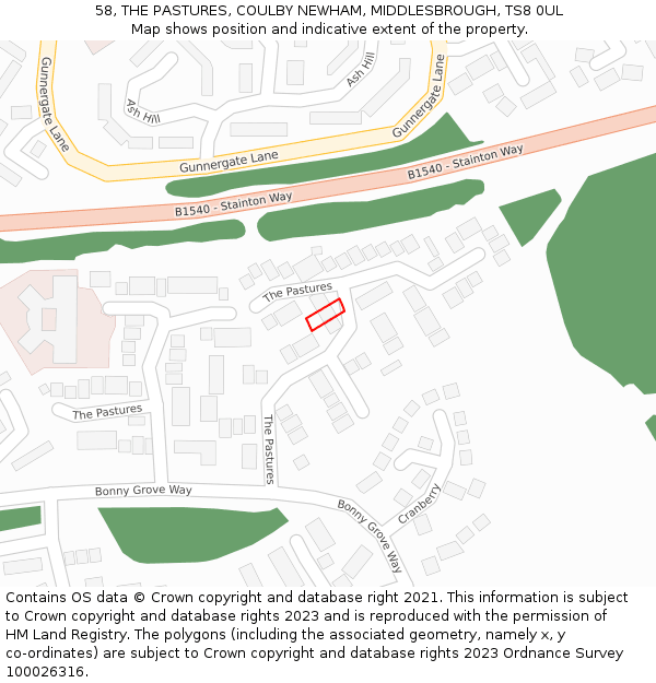 58, THE PASTURES, COULBY NEWHAM, MIDDLESBROUGH, TS8 0UL: Location map and indicative extent of plot