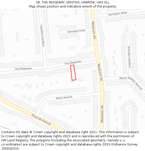 58, THE RIDGEWAY, KENTON, HARROW, HA3 0LL: Location map and indicative extent of plot