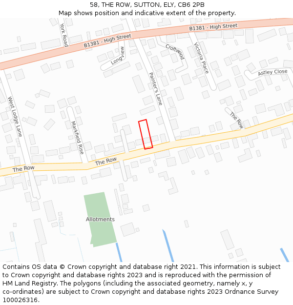 58, THE ROW, SUTTON, ELY, CB6 2PB: Location map and indicative extent of plot