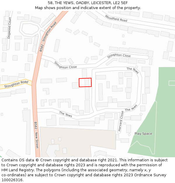 58, THE YEWS, OADBY, LEICESTER, LE2 5EF: Location map and indicative extent of plot