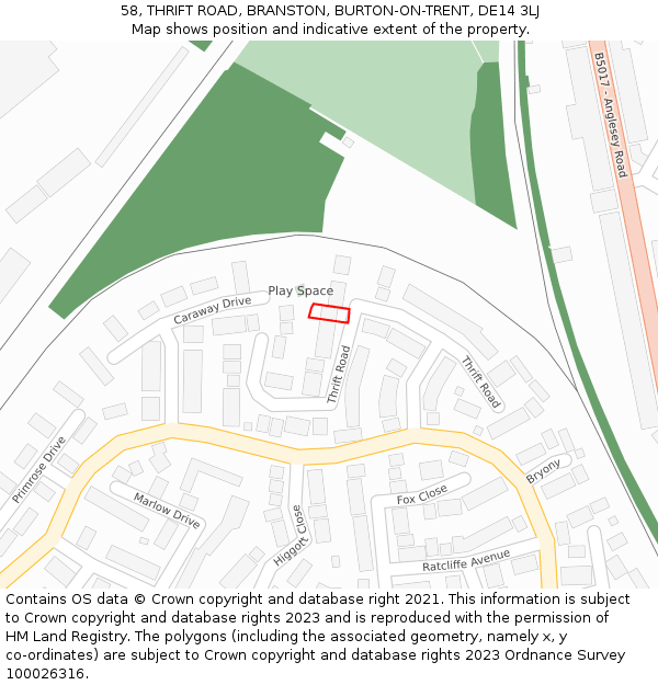 58, THRIFT ROAD, BRANSTON, BURTON-ON-TRENT, DE14 3LJ: Location map and indicative extent of plot