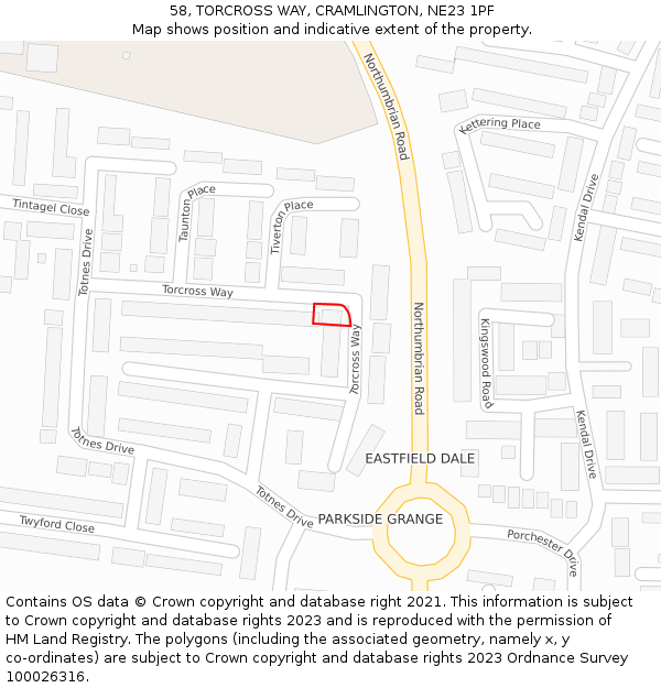 58, TORCROSS WAY, CRAMLINGTON, NE23 1PF: Location map and indicative extent of plot