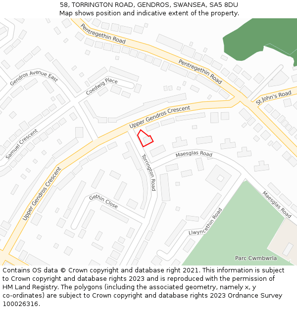 58, TORRINGTON ROAD, GENDROS, SWANSEA, SA5 8DU: Location map and indicative extent of plot