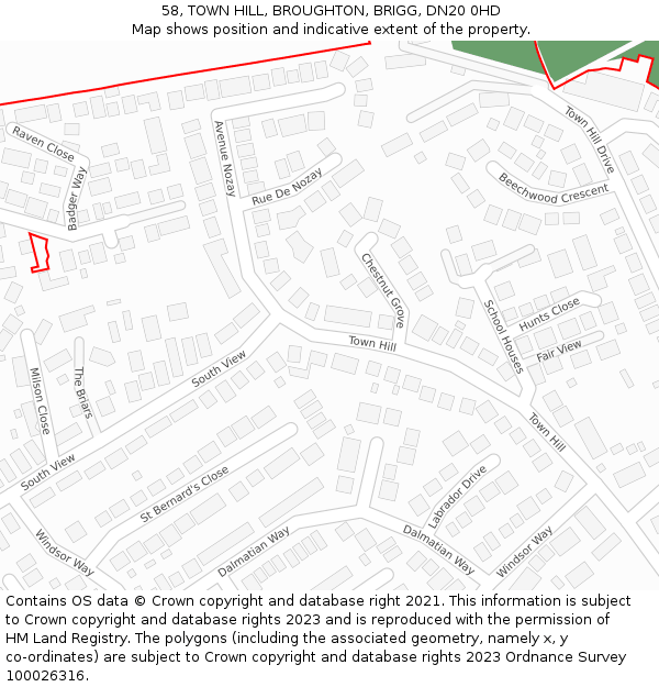 58, TOWN HILL, BROUGHTON, BRIGG, DN20 0HD: Location map and indicative extent of plot