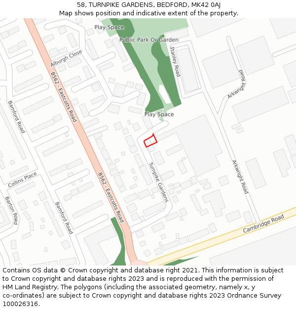 58, TURNPIKE GARDENS, BEDFORD, MK42 0AJ: Location map and indicative extent of plot