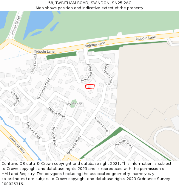 58, TWINEHAM ROAD, SWINDON, SN25 2AG: Location map and indicative extent of plot