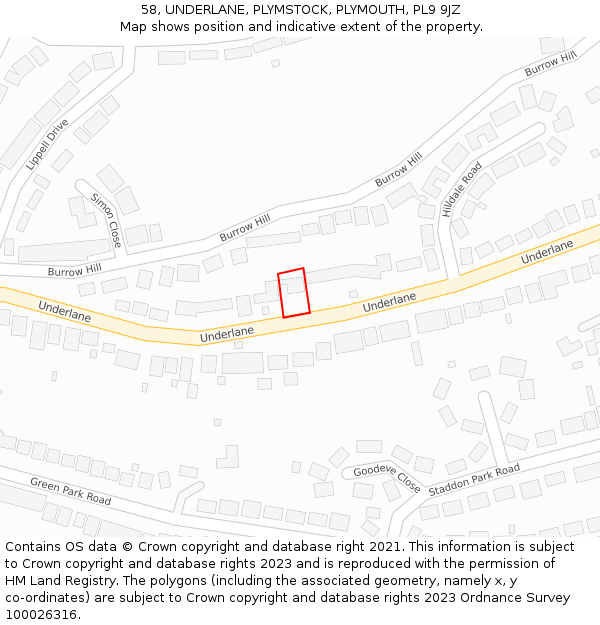 58, UNDERLANE, PLYMSTOCK, PLYMOUTH, PL9 9JZ: Location map and indicative extent of plot