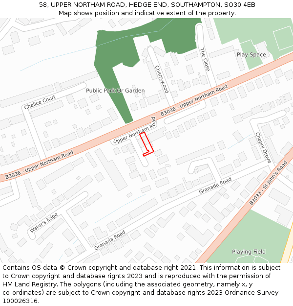 58, UPPER NORTHAM ROAD, HEDGE END, SOUTHAMPTON, SO30 4EB: Location map and indicative extent of plot