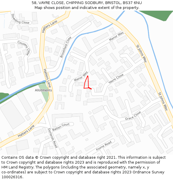 58, VAYRE CLOSE, CHIPPING SODBURY, BRISTOL, BS37 6NU: Location map and indicative extent of plot