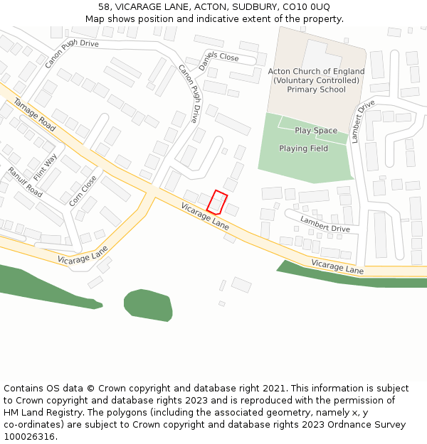 58, VICARAGE LANE, ACTON, SUDBURY, CO10 0UQ: Location map and indicative extent of plot
