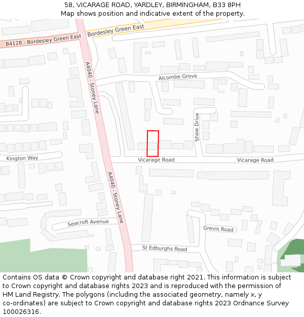 58, VICARAGE ROAD, YARDLEY, BIRMINGHAM, B33 8PH: Location map and indicative extent of plot