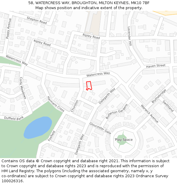 58, WATERCRESS WAY, BROUGHTON, MILTON KEYNES, MK10 7BF: Location map and indicative extent of plot