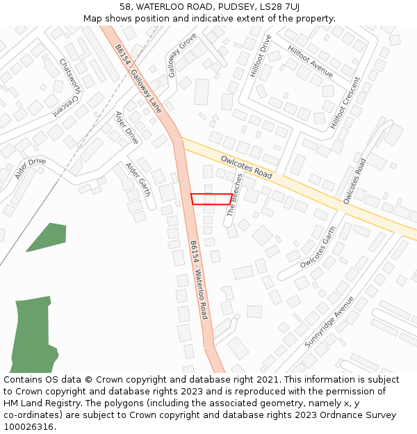 58, WATERLOO ROAD, PUDSEY, LS28 7UJ: Location map and indicative extent of plot