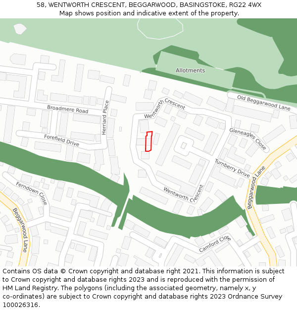 58, WENTWORTH CRESCENT, BEGGARWOOD, BASINGSTOKE, RG22 4WX: Location map and indicative extent of plot