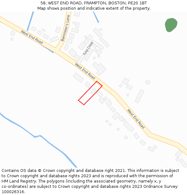 58, WEST END ROAD, FRAMPTON, BOSTON, PE20 1BT: Location map and indicative extent of plot