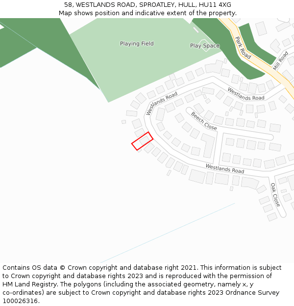 58, WESTLANDS ROAD, SPROATLEY, HULL, HU11 4XG: Location map and indicative extent of plot