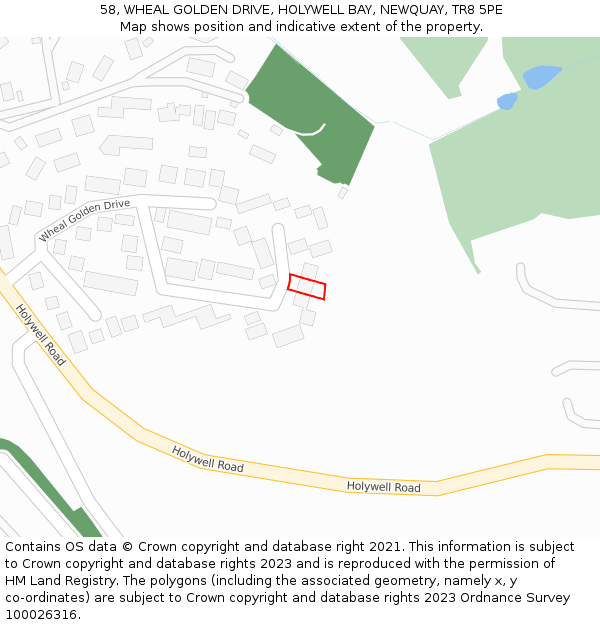 58, WHEAL GOLDEN DRIVE, HOLYWELL BAY, NEWQUAY, TR8 5PE: Location map and indicative extent of plot