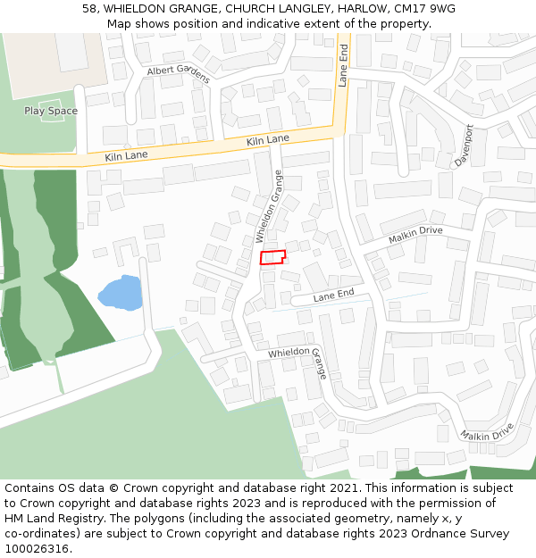 58, WHIELDON GRANGE, CHURCH LANGLEY, HARLOW, CM17 9WG: Location map and indicative extent of plot