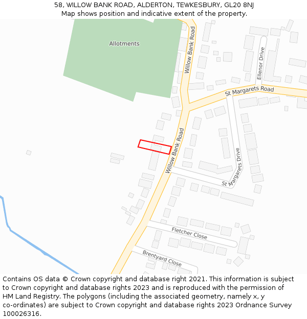 58, WILLOW BANK ROAD, ALDERTON, TEWKESBURY, GL20 8NJ: Location map and indicative extent of plot