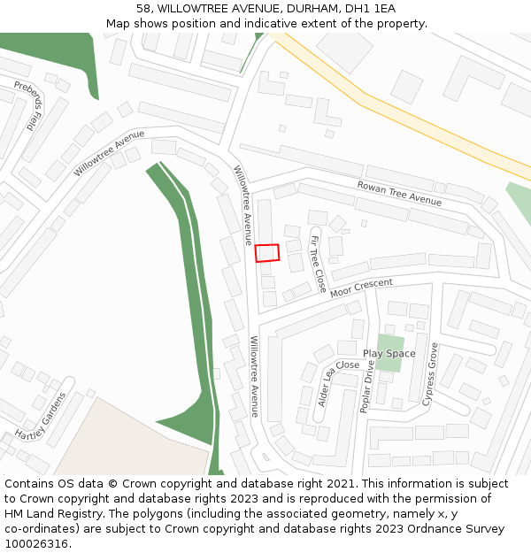 58, WILLOWTREE AVENUE, DURHAM, DH1 1EA: Location map and indicative extent of plot