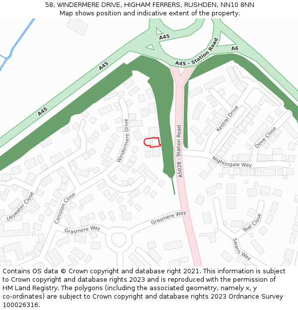 58, WINDERMERE DRIVE, HIGHAM FERRERS, RUSHDEN, NN10 8NN: Location map and indicative extent of plot