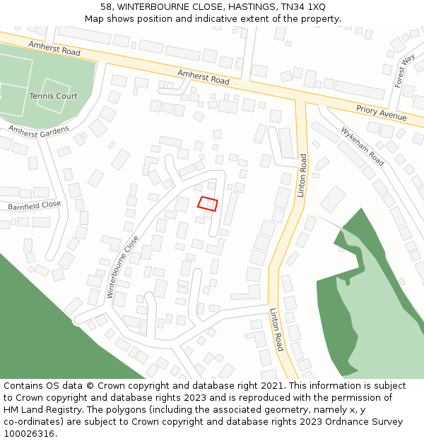 58, WINTERBOURNE CLOSE, HASTINGS, TN34 1XQ: Location map and indicative extent of plot