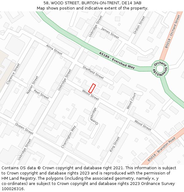 58, WOOD STREET, BURTON-ON-TRENT, DE14 3AB: Location map and indicative extent of plot