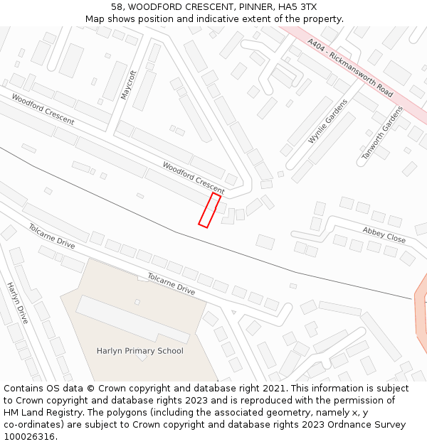 58, WOODFORD CRESCENT, PINNER, HA5 3TX: Location map and indicative extent of plot