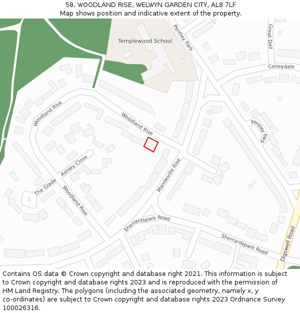 58, WOODLAND RISE, WELWYN GARDEN CITY, AL8 7LF: Location map and indicative extent of plot