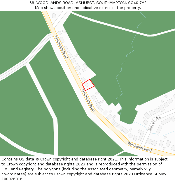 58, WOODLANDS ROAD, ASHURST, SOUTHAMPTON, SO40 7AF: Location map and indicative extent of plot