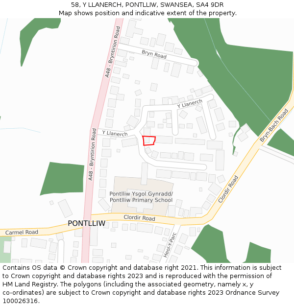 58, Y LLANERCH, PONTLLIW, SWANSEA, SA4 9DR: Location map and indicative extent of plot