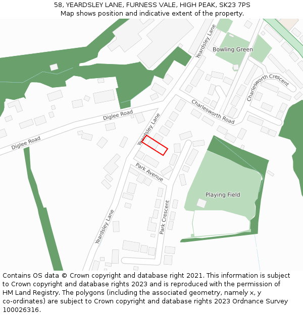 58, YEARDSLEY LANE, FURNESS VALE, HIGH PEAK, SK23 7PS: Location map and indicative extent of plot