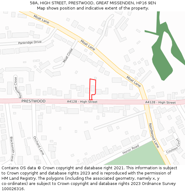 58A, HIGH STREET, PRESTWOOD, GREAT MISSENDEN, HP16 9EN: Location map and indicative extent of plot