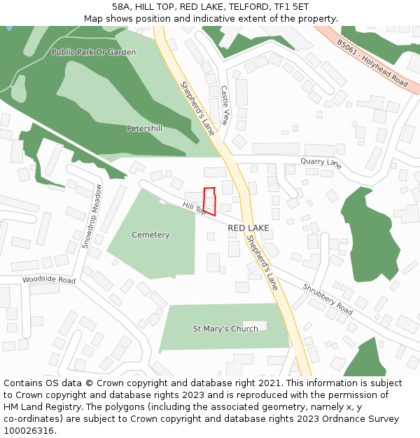 58A, HILL TOP, RED LAKE, TELFORD, TF1 5ET: Location map and indicative extent of plot