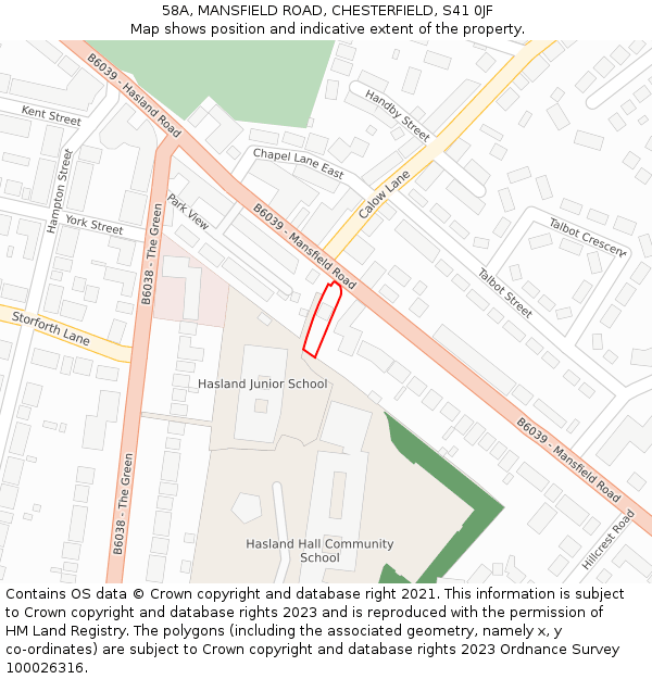 58A, MANSFIELD ROAD, CHESTERFIELD, S41 0JF: Location map and indicative extent of plot