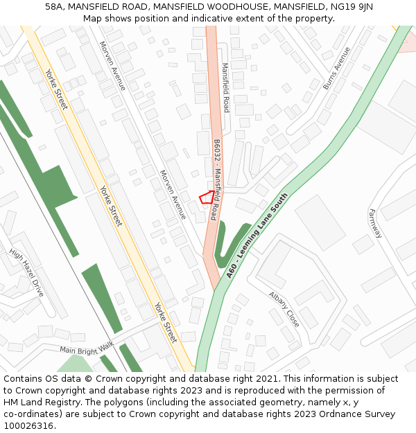 58A, MANSFIELD ROAD, MANSFIELD WOODHOUSE, MANSFIELD, NG19 9JN: Location map and indicative extent of plot