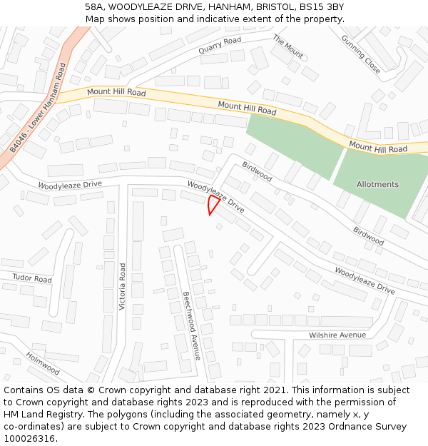 58A, WOODYLEAZE DRIVE, HANHAM, BRISTOL, BS15 3BY: Location map and indicative extent of plot