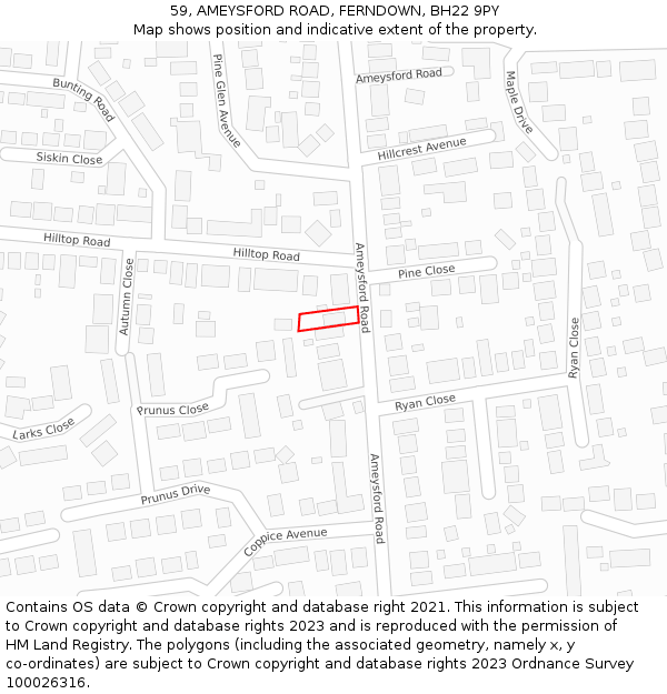 59, AMEYSFORD ROAD, FERNDOWN, BH22 9PY: Location map and indicative extent of plot