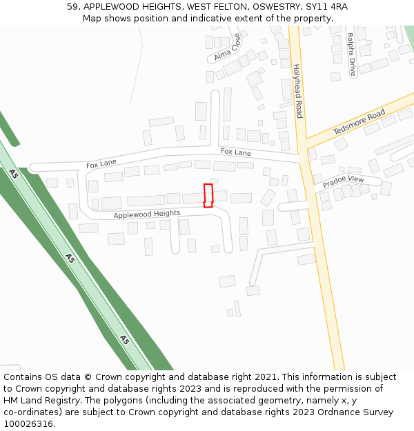 59, APPLEWOOD HEIGHTS, WEST FELTON, OSWESTRY, SY11 4RA: Location map and indicative extent of plot