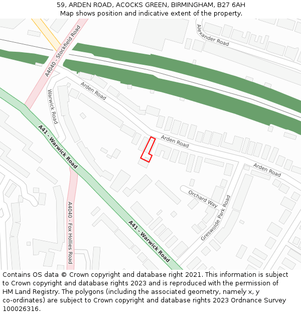 59, ARDEN ROAD, ACOCKS GREEN, BIRMINGHAM, B27 6AH: Location map and indicative extent of plot