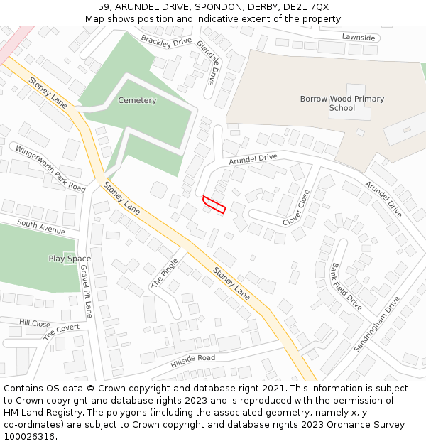 59, ARUNDEL DRIVE, SPONDON, DERBY, DE21 7QX: Location map and indicative extent of plot