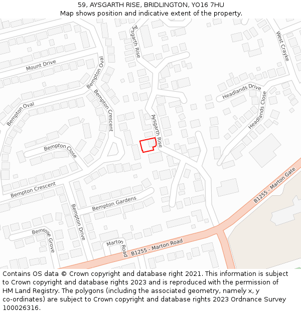 59, AYSGARTH RISE, BRIDLINGTON, YO16 7HU: Location map and indicative extent of plot