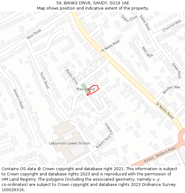 59, BANKS DRIVE, SANDY, SG19 1AE: Location map and indicative extent of plot