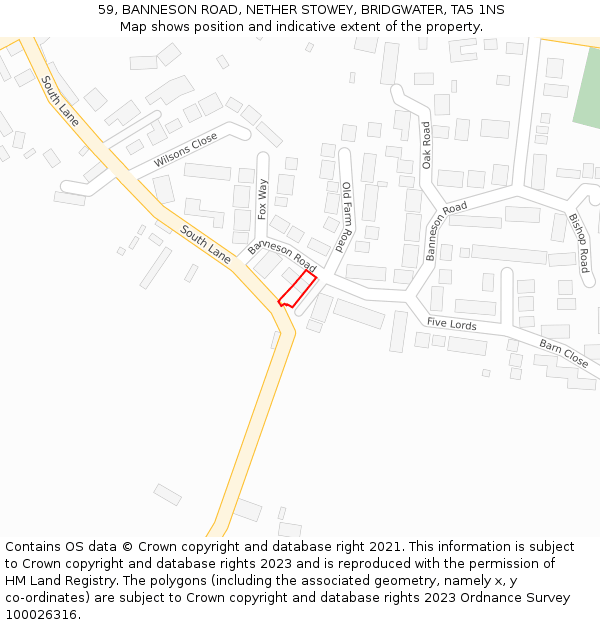 59, BANNESON ROAD, NETHER STOWEY, BRIDGWATER, TA5 1NS: Location map and indicative extent of plot