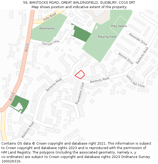 59, BANTOCKS ROAD, GREAT WALDINGFIELD, SUDBURY, CO10 0RT: Location map and indicative extent of plot