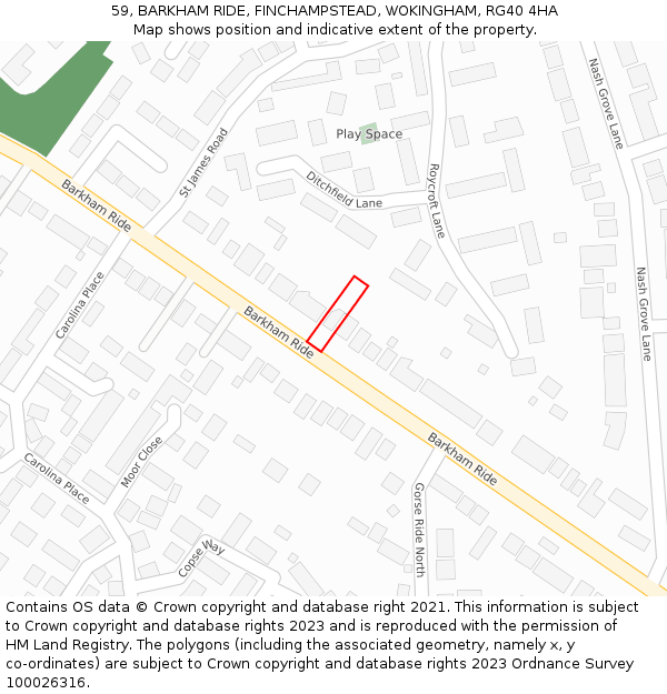 59, BARKHAM RIDE, FINCHAMPSTEAD, WOKINGHAM, RG40 4HA: Location map and indicative extent of plot