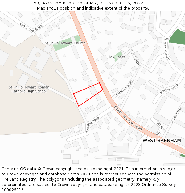 59, BARNHAM ROAD, BARNHAM, BOGNOR REGIS, PO22 0EP: Location map and indicative extent of plot