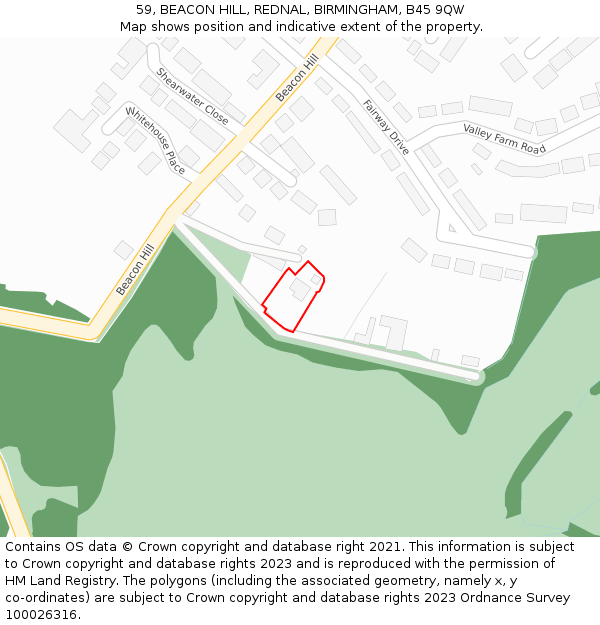 59, BEACON HILL, REDNAL, BIRMINGHAM, B45 9QW: Location map and indicative extent of plot