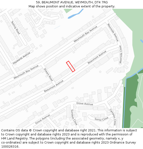 59, BEAUMONT AVENUE, WEYMOUTH, DT4 7RG: Location map and indicative extent of plot