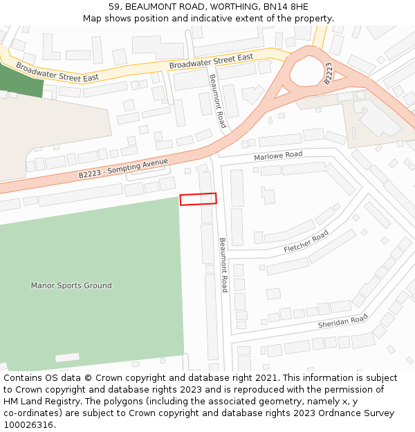 59, BEAUMONT ROAD, WORTHING, BN14 8HE: Location map and indicative extent of plot